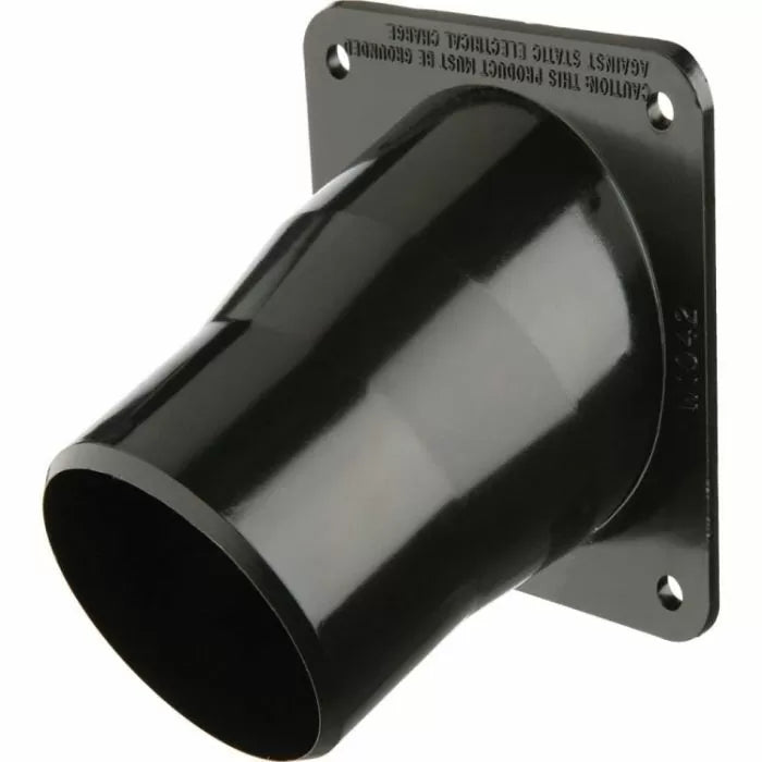 Black plastic dust collection port with mounting plate for woodworking workshop
