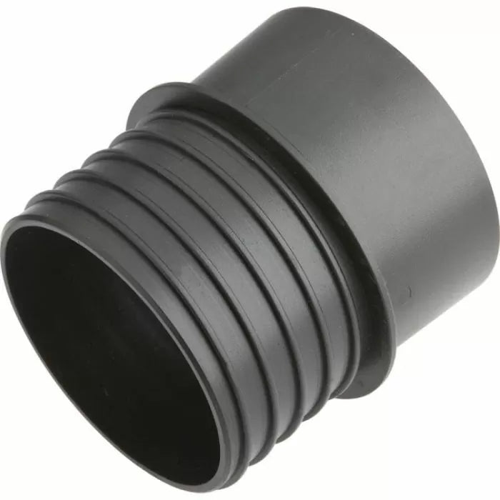 Black plastic dust collection hose adapter for woodworking tools, closeup view