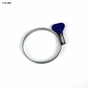 Stainless steel hose clamp with blue thumb screw on white background