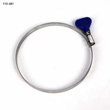 Stainless steel hose clamp with blue thumb screw on white background