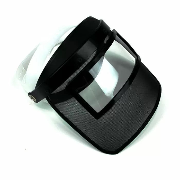 Clear face shield with black mesh visor for woodworking safety and eye protection