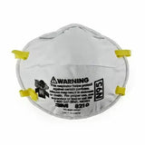N95 particulate respirator mask with yellow straps and safety warning label