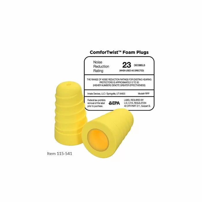 Yellow foam ear plugs with 23 decibel noise reduction rating displayed on label