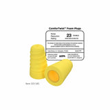 Yellow foam ear plugs with 23 decibel noise reduction rating displayed on label