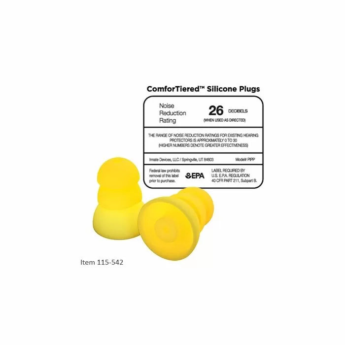 Yellow silicone ear plugs with 26 decibel noise reduction rating, displayed with product label.
