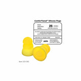 Yellow silicone ear plugs with 26 decibel noise reduction rating, displayed with product label.