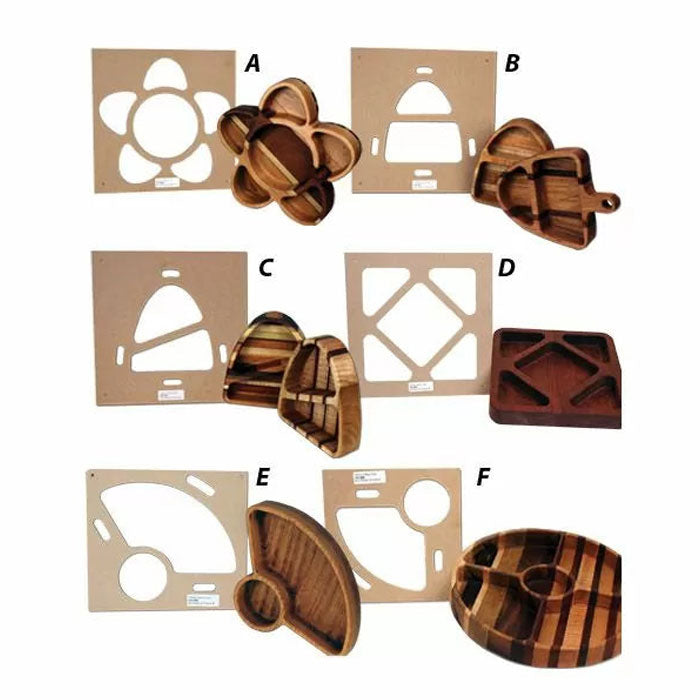 Woodworking tray and serving board templates with finished wooden trays in various shapes