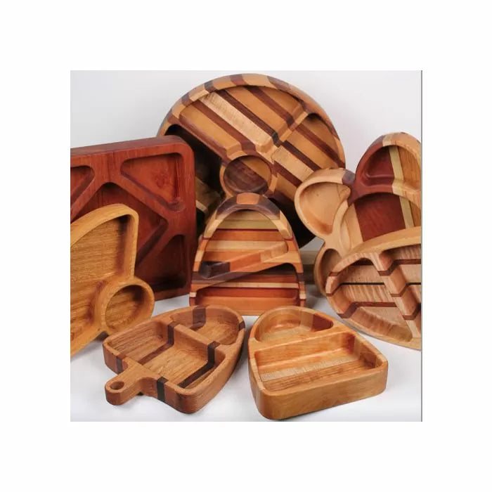 Assorted wooden trays in various shapes and patterns, ideal for woodworking projects.