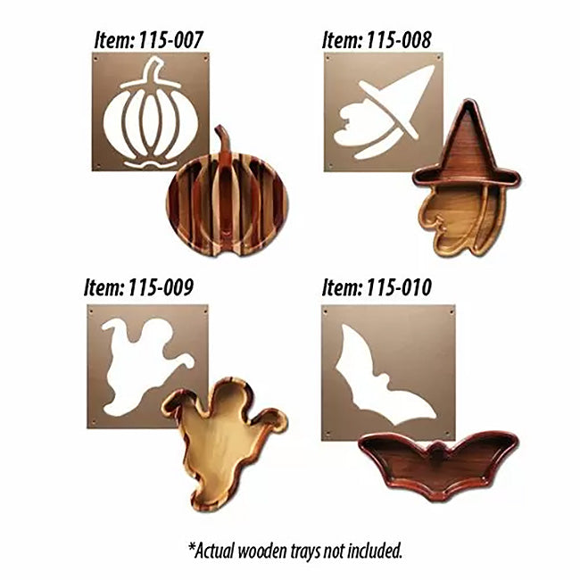 Halloween woodworking tray templates with pumpkin, witch, ghost, and bat shapes shown.