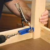 Woodworker using pocket hole jig and drill for precise joinery on light wood framing