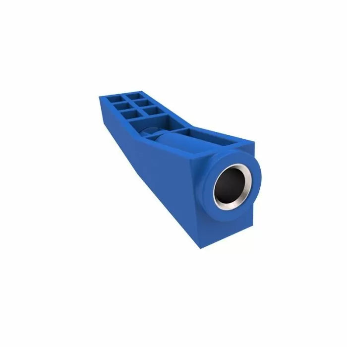 Blue plastic pocket hole jig tool with metal insert for woodworking joinery
