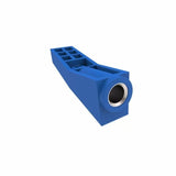 Blue plastic pocket hole jig tool with metal insert for woodworking joinery