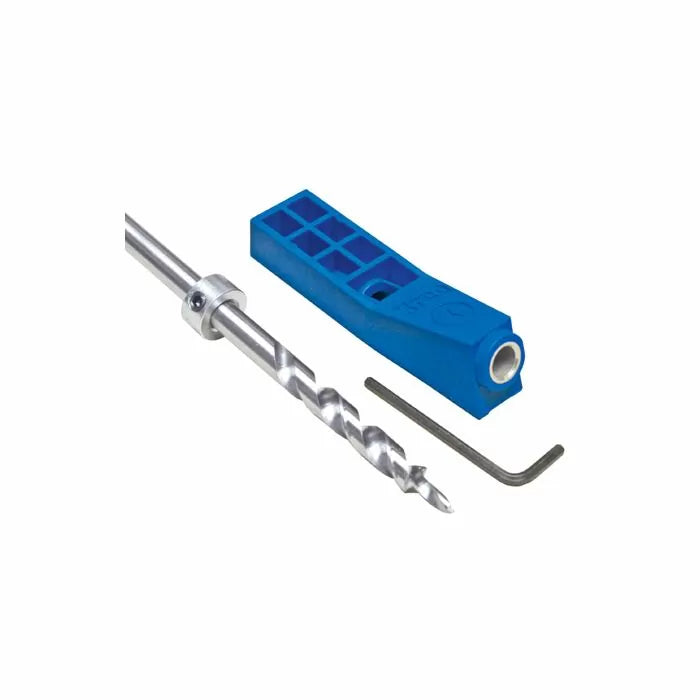 Pocket hole jig kit with blue drilling guide, drill bit, and hex key for woodworking.