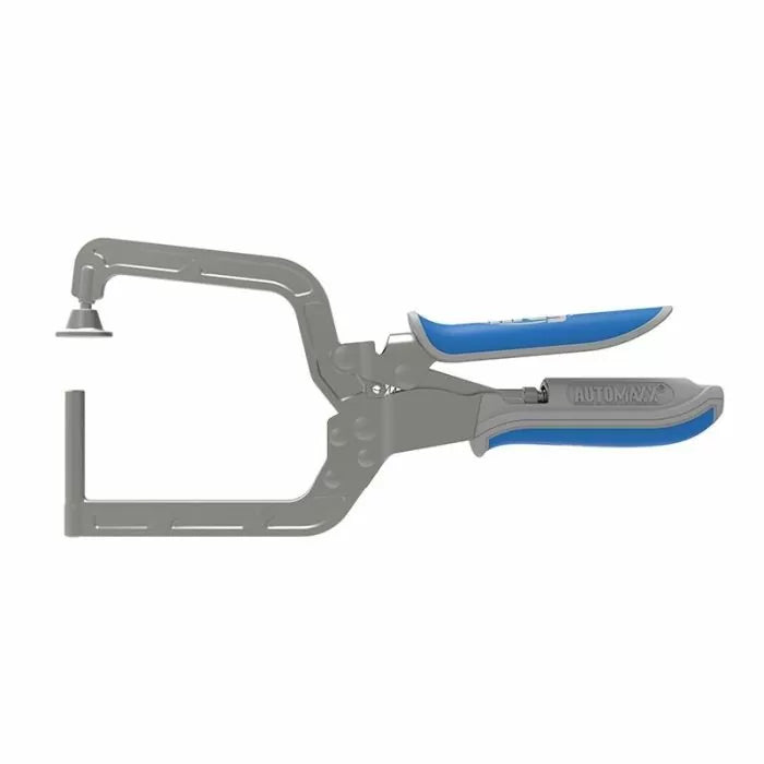 Auto-adjust woodworking clamp with blue handles and wide jaw on white background