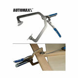 Automaxx woodworking clamp with blue handles, securing wooden boards for joinery setup