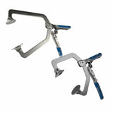 Metal woodworking clamps with blue handles and adjustable pads on a white background