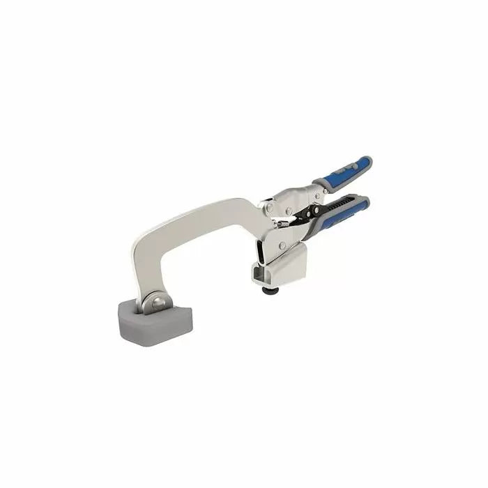 Bench clamp with padded jaws and blue handles for woodworking and precise clamping