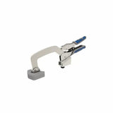 Bench clamp with padded jaws and blue handles for woodworking and precise clamping