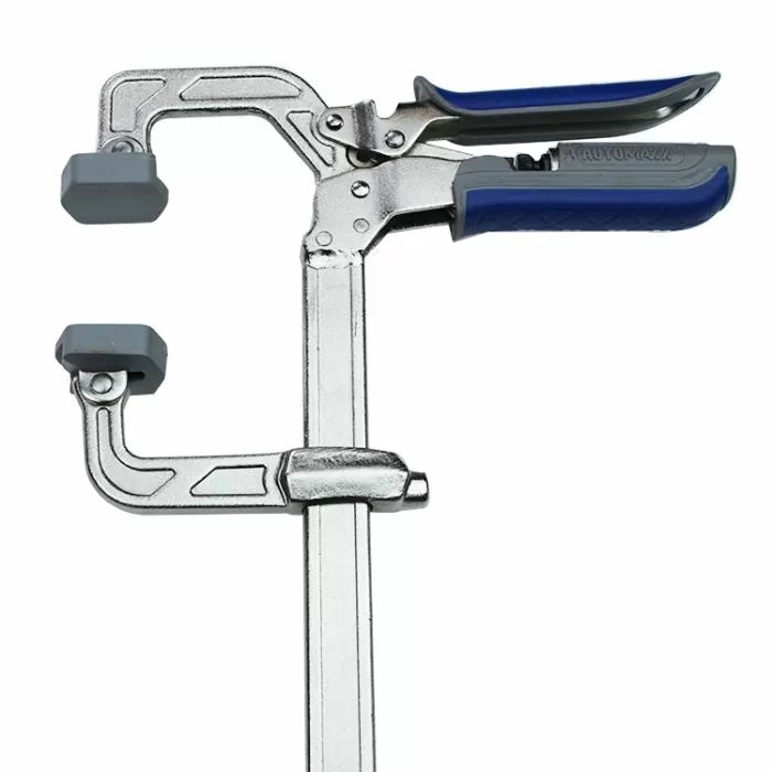 Adjustable bar clamp with blue ergonomic handles for woodworking and precise clamping