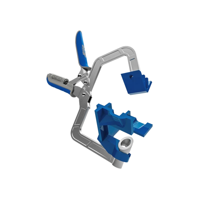 Adjustable woodworking corner clamp tool with blue ergonomic handles and metal frame