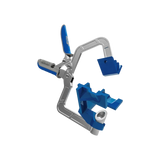 Adjustable woodworking corner clamp tool with blue ergonomic handles and metal frame