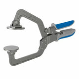 Metal woodworking clamp with wide jaws and blue ergonomic handles on white background