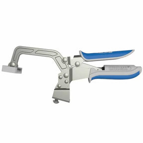 Woodworking bench clamp with blue ergonomic handles and adjustable pressure pad