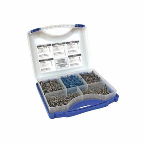 Woodworking screws assortment kit in plastic organizer box, ideal for joinery and repairs