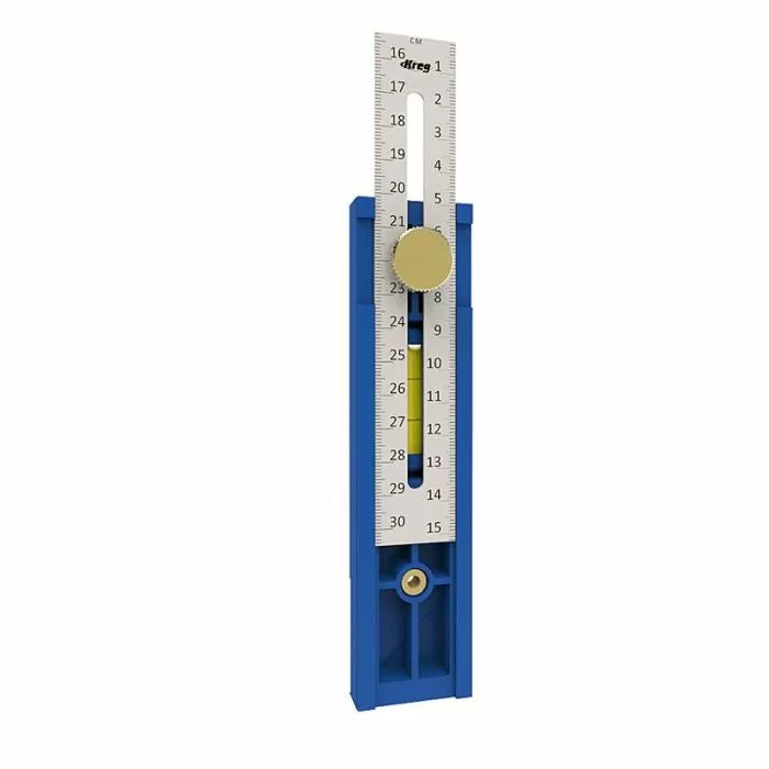 Blue and white woodworking measuring gauge with ruler and adjustable knob