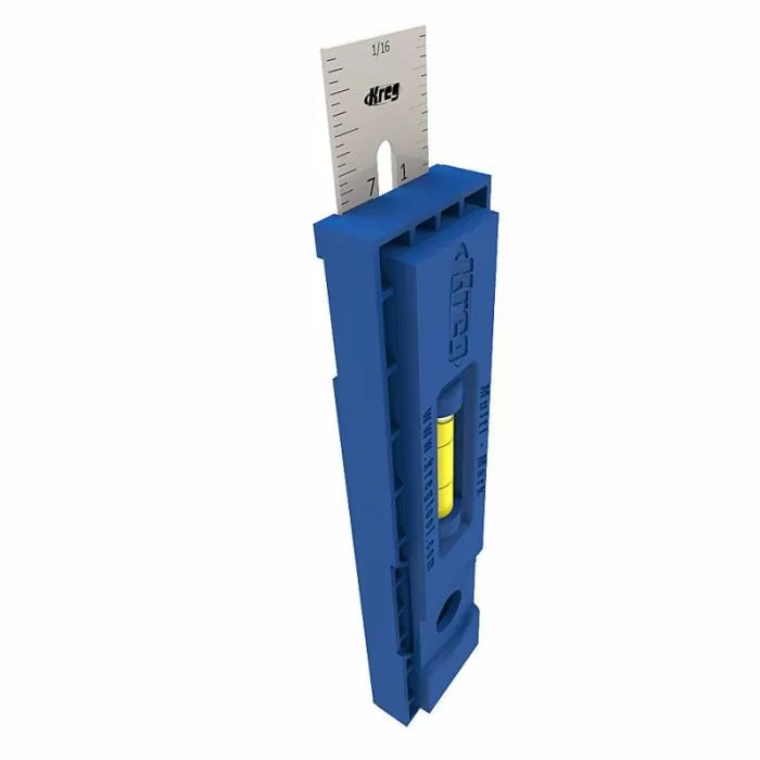 Blue woodworking setup gauge with ruler and built-in bubble level for precise tool adjustment
