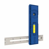 Blue woodworking multi-mark tool with built-in level and metal ruler for precise measuring