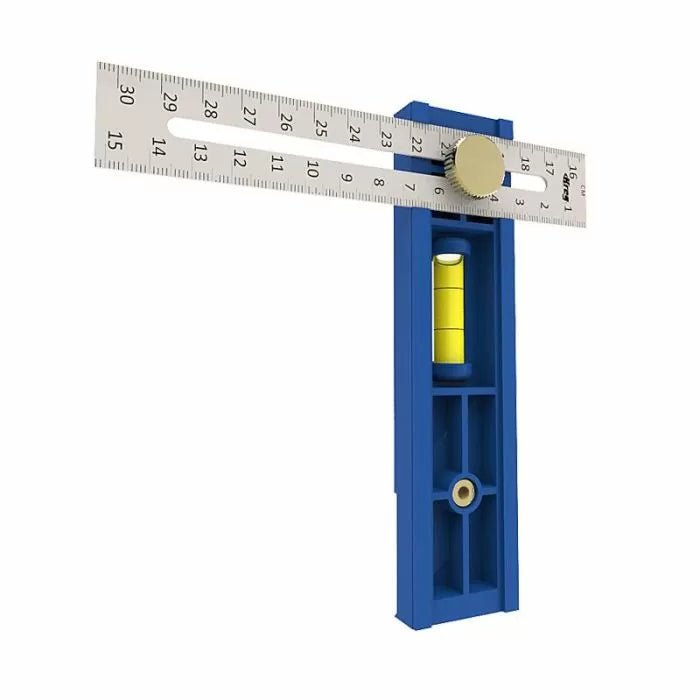 Woodworking angle gauge with blue body, metal ruler, and built-in level on white background