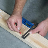 Marking wood with a square tool and pencil for precise woodworking measurement