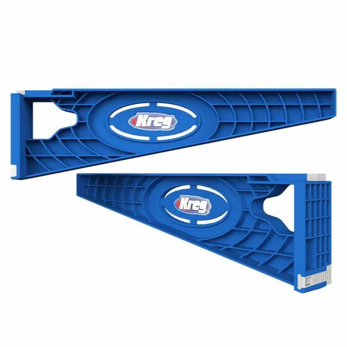 Blue plastic Kreg shelf support brackets for woodworking and workshop organization
