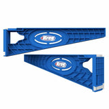 Blue plastic Kreg shelf support brackets for woodworking and workshop organization