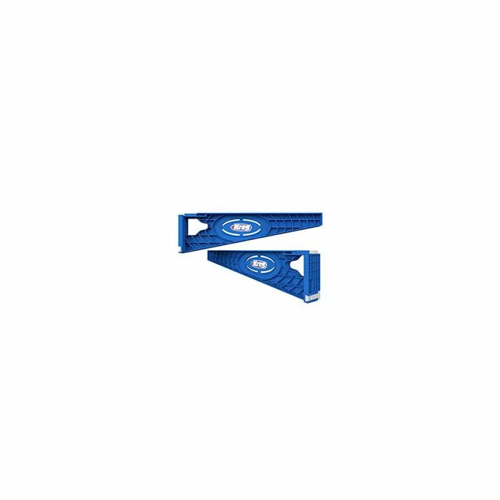Two blue plastic carpenter squares for woodworking and measuring tasks