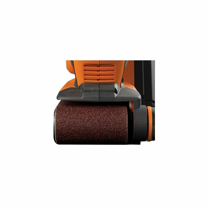 Close-up of an orange belt sander tool with sanding belt, woodworking equipment
