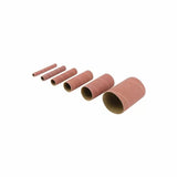 Set of six cylindrical sanding sleeves in various diameters for woodworking tools on white background.