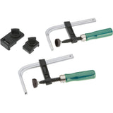 Set of two metal bar clamps with green handles and plastic clamp pads for woodworking
