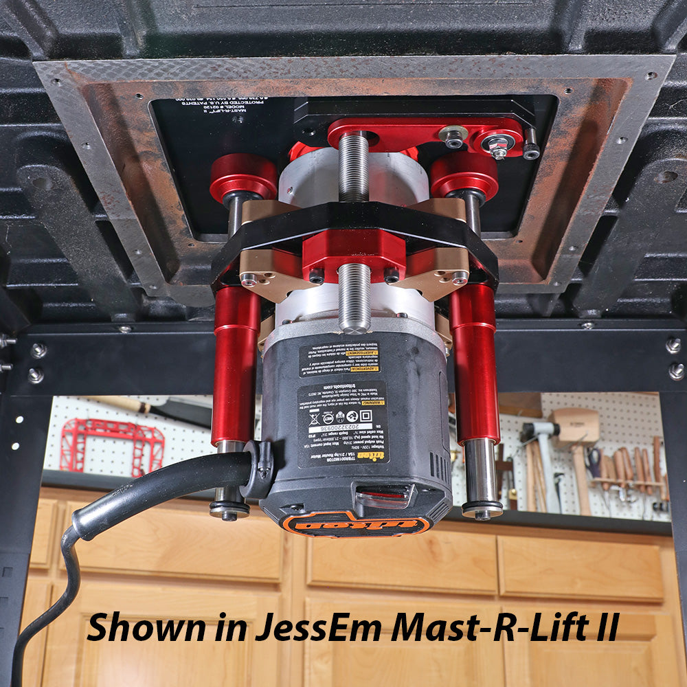 Router lift system mounted in table, showcasing JessEm Mast-R-Lift II for woodworking