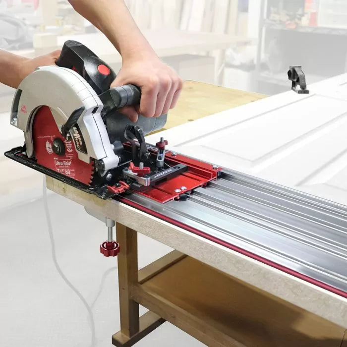 Circular saw guide rail system for precise woodworking cuts on a wooden board