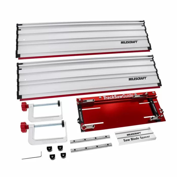 Track saw guide kit with aluminum rails, clamps, base plate, and spacers for woodworking