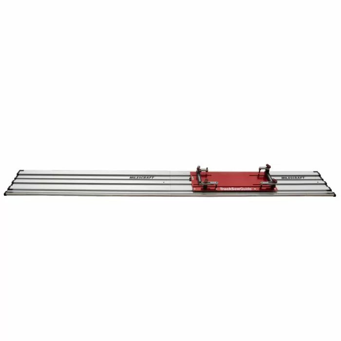 Aluminum track saw guide rail system with red adjustable base for precise woodworking cuts