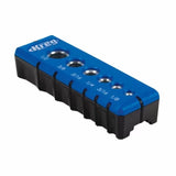 Blue drill bit gauge block with multiple labeled hole sizes for woodworking measurements