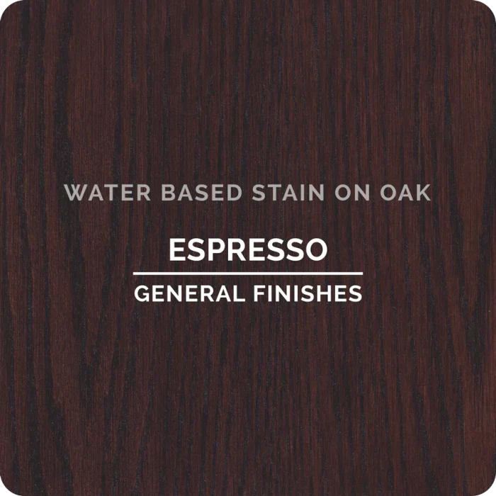 Espresso water based stain sample on oak wood panel, dark finish by General Finishes.
