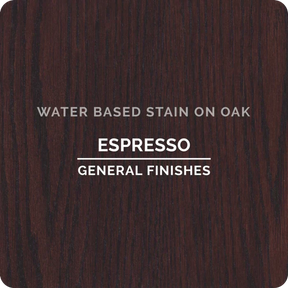 Espresso water based stain sample on oak wood panel, dark finish by General Finishes.