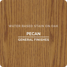 Pecan water based stain sample on oak wood with visible grain pattern.