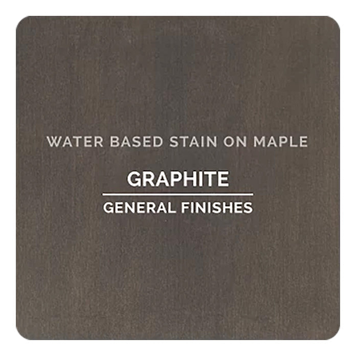 Graphite water based stain sample on maple wood, labeled General Finishes