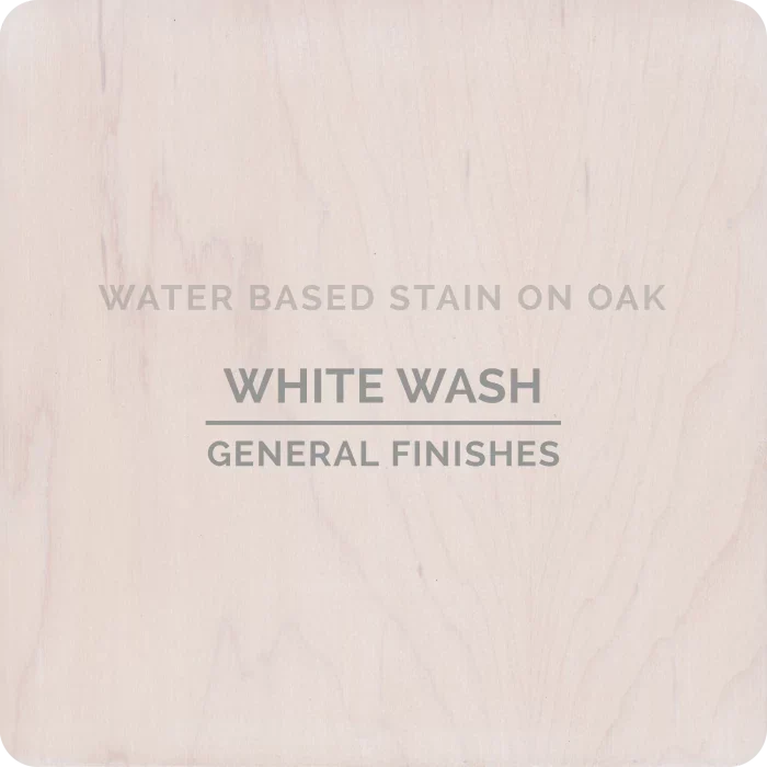 Sample of white wash water based stain on oak wood, labeled General Finishes.