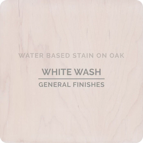 Sample of white wash water based stain on oak wood, labeled General Finishes.